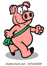 Cartoon illustration of Little Pig wearing a bag and walking to school, best for sticker, logo, and mascot with educational themes for children