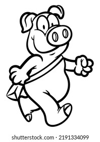 Cartoon illustration of Little Pig wearing a bag and walking to school, best for sticker, logo, and coloring book with educational themes for children