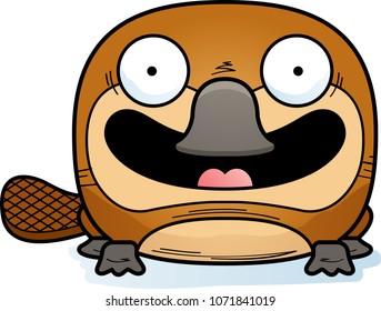 A cartoon illustration of a little platypus happy and smiling.