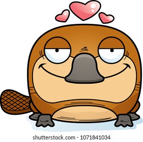 A cartoon illustration of a little platypus with an in love expression.