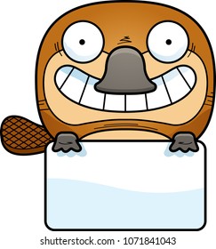 A cartoon illustration of a little platypus with a white sign.