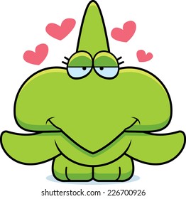 A cartoon illustration of a little pterodactyl with an in love expression.