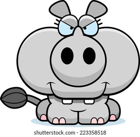 A cartoon illustration of a little rhinoceros with a devious expression.
