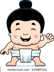 A Cartoon Illustration Of A Little Sumo Boy Waving.