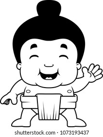 A cartoon illustration of a little sumo boy waving.