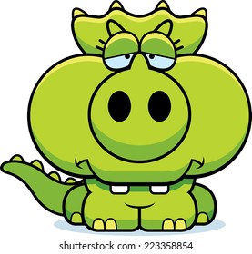 A cartoon illustration of a little Triceratops dinosaur with a sad expression.