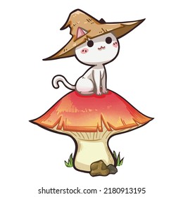 Cartoon illustration of little white cat sitting on a big mushroom, You can use these clipart for any project such as custom, stickers planner, scrapbooking or used for as part of your design.