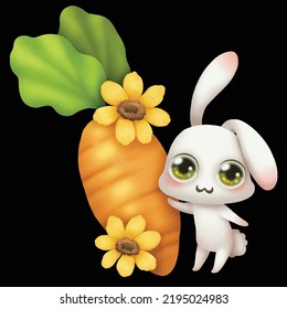 Cartoon illustration of a little white rabbit leaning next to a large carrot, You can use these clipart for any project such as stickers planner, scrapbooking or used for as part of your design.