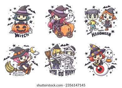 Cartoon illustration of Little witch with Halloween party. These cute cartoon file are perfect for T-shirts, phone cases, bags, mugs, stickers, tumblers.