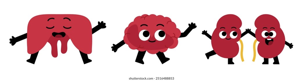 A cartoon illustration of a liver, a brain, and two kidneys. The organs are drawn as happy cartoon characters with arms and legs.