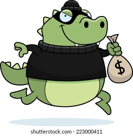 A cartoon illustration of a lizard burglar stealing money.