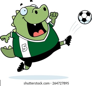 A cartoon illustration of a lizard kicking a soccer ball.