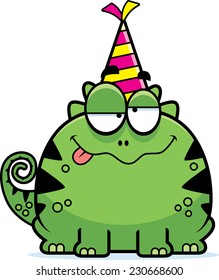 A cartoon illustration of a lizard with a party hat looking drunk.