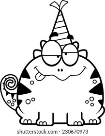 A cartoon illustration of a lizard with a party hat looking drunk.