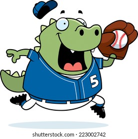 A cartoon illustration of a lizard playing baseball.