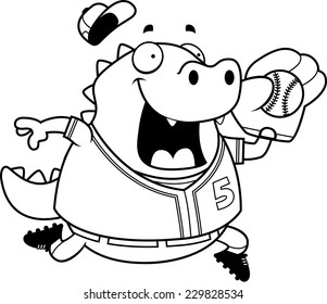 A cartoon illustration of a lizard playing baseball.