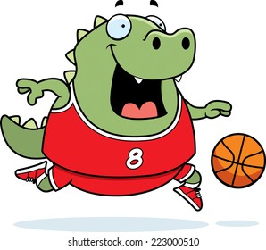 A cartoon illustration of a lizard playing basketball.