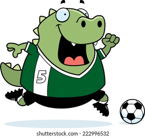 A cartoon illustration of a lizard playing soccer.
