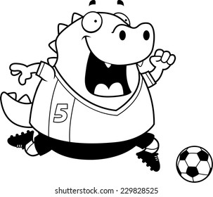 A cartoon illustration of a lizard playing soccer.