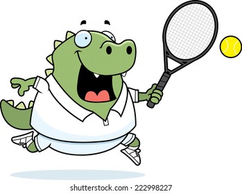 A cartoon illustration of a lizard playing tennis.