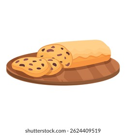 Cartoon illustration of a loaf of bread with sliced pieces on a wood cutting board