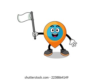 Cartoon Illustration of location symbol holding a white flag , character design