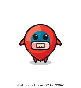 Cartoon Illustration of location symbol with tape on mouth , cute design