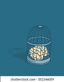 Cartoon illustration of locked brain caged in birdcage