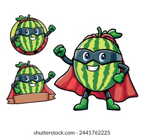 cartoon illustration and logo of a cute superhero watermelon character.