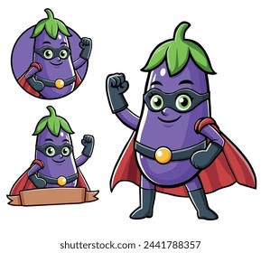 cartoon illustration and logo of a cute superhero eggplant fruit character.