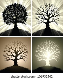 Cartoon illustration of a lone tree on a hilltop with golden rays of light radiating from behind it.