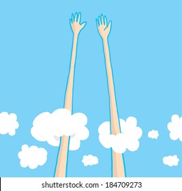 Cartoon illustration of long arms and hands giving a really tall high five