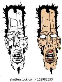 cartoon illustration of long zombie head, colored and black and white