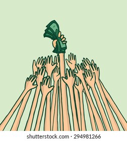 Cartoon illustration of lots of arms fighting over money or business