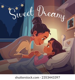 cartoon illustration of the love of a mother who takes her child to sleep at night