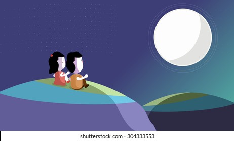 Cartoon illustration of lovers, couples sitting on grass mountain hill watching the night sky, big full moon. Happy family reunion on Chinese Mid Autumn Festival. Astronomical observation, discovery.