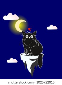 Cartoon illustration. A loving cute cat under the moon.