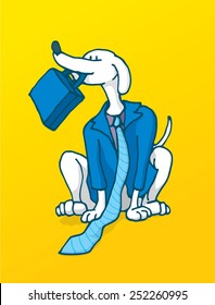 Cartoon illustration of a loyal businessman working like a dog in business costume 