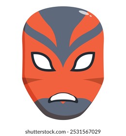 Ilustração em desenho animado de uma máscara luchador com uma base laranja e detalhes cinzas, apresentando uma determinada expressão