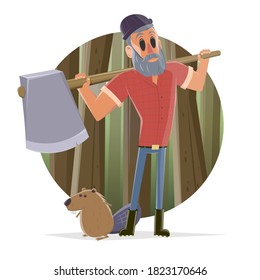 cartoon illustration of a lumberjack and a beaver