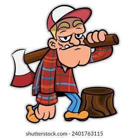 Cartoon illustration of Lumberjack carrying an Axe with chunk of wood besides. Best for sticker, mascot, and logo with illegal logging themes