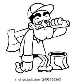 Cartoon illustration of Lumberjack carrying an Axe with chunk of wood besides. Best for outline, coloring book, and logo with illegal logging themes