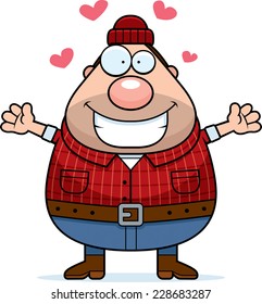A cartoon illustration of a lumberjack ready to give a hug.