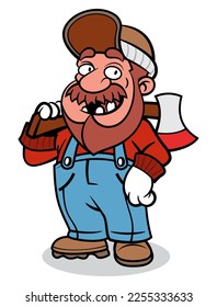 Cartoon illustration of Lumberjack wearing cap, flannel shirt, and jumper jeans. carrying a Big Ax with his shoulder. Best for sticker, logo, and mascot with illegal loggings theme