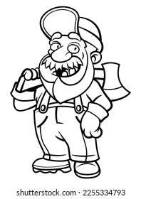 Cartoon illustration of Lumberjack wearing cap, flannel shirt, and jumper jeans. carrying a Big Ax with his shoulder. Best for outline, logo, and coloring book with illegal loggings theme