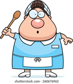 A cartoon illustration of a lunch lady looking surprised.