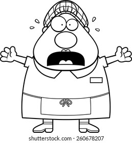 A cartoon illustration of a lunch lady looking scared.