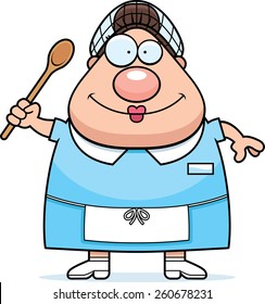 A cartoon illustration of a lunch lady looking happy.