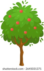 Cartoon illustration of a lush green tree with ripe red apples growing on its branches, set against a white background, perfect for children s books or educational materials