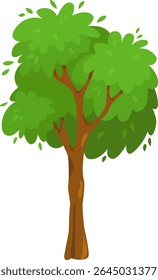 Cartoon illustration of a lush green tree standing tall with vibrant foliage, showcasing a thick brown trunk and lively green leaves, ideal for nature themed projects